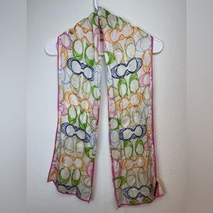 Coach Silk Scribble C Multicolor Signature Scarf with Pink Trim